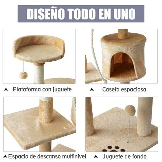 Pawhut árbol rascador con plataforma casetas y bolas de juego beige para gatos, , large image number null