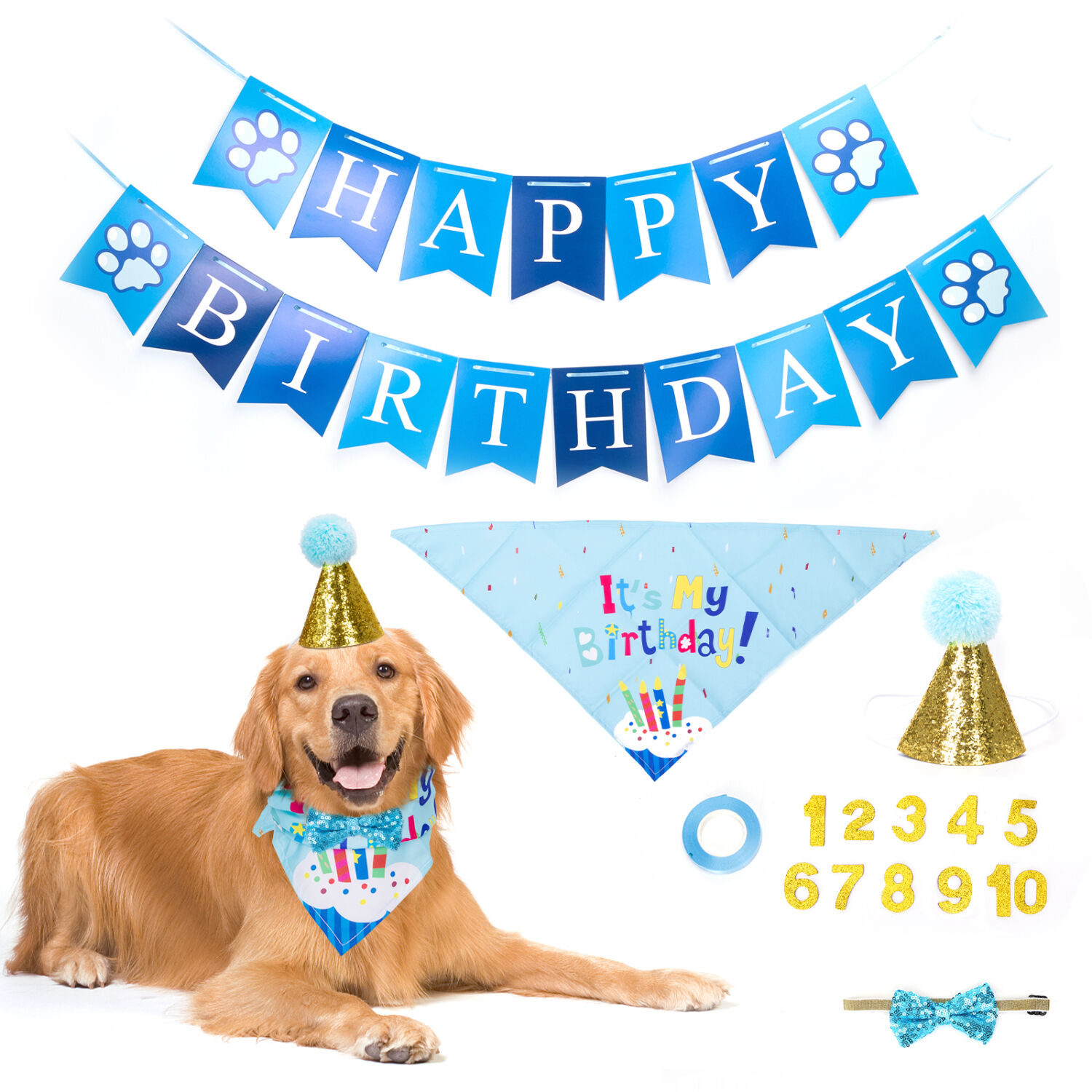 Nobleza - Set de Cumplea&ntilde;os para Mascotas, Tri&aacute;ngulo de Pa&ntilde;uelo de Cumplea&ntilde;os para Perros,Sombrero Pa&ntilde;uelo Banner de Cumplea&ntilde;os para Perros, para La Decoraci&oacute;n de La Fiesta de Cumplea&ntilde;os de Mascotas, , large Imagen numero 1