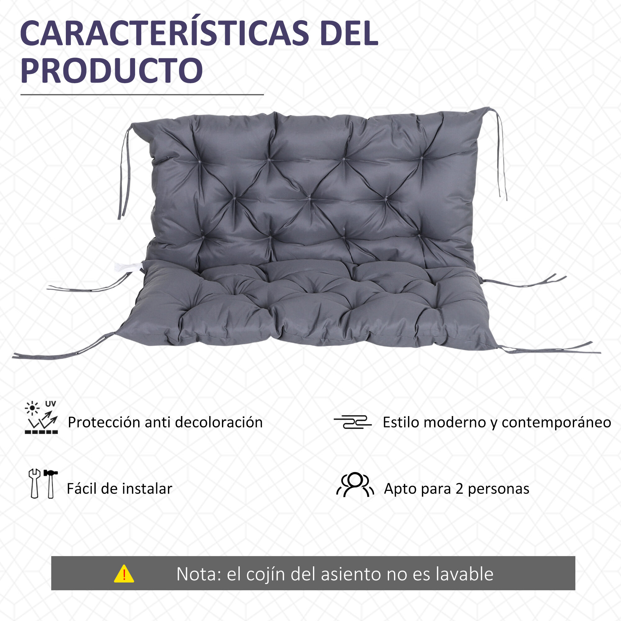 Outsunny Coj&iacute;n para Banco con Respaldo 150x98x8 cm Colch&oacute;n de Banco de 3 Plazas con 6 Cordones de Fijaci&oacute;n para Jard&iacute;n Terraza Balc&oacute;n Exterior Gris, , large Imagen numero 10