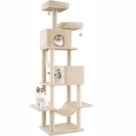 COSTWAY &Aacute;rbol Rascador para Gatos de Varios Niveles, Torre de Escalada para Gatitos con 2 Condos, 2 Perchas de Terciopelo, Postes de Sisal y Cuerda, Juguetes Colgantes, Plataformas M&uacute;ltiples, Beige