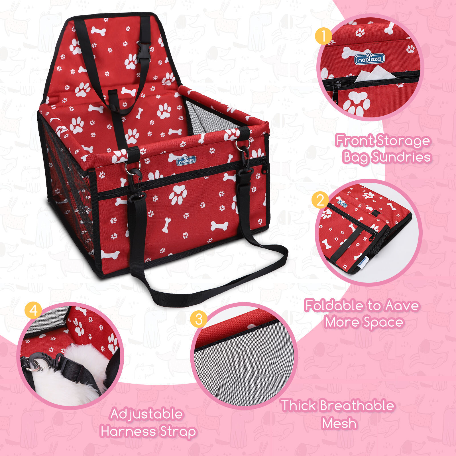 Nobleza - Refuerzo de Coche para Perros, Asiento del Coche de Seguridad para Mascotas Perro Gato Plegable Lavable Viaje Bolsas y Otra Mascota Peque&ntilde;a con Cremallera Bolsillo, 40 * 34 * 25 cm, Rojo, , large Imagen numero 3