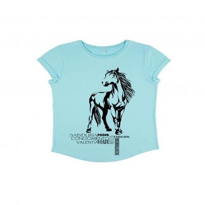Animal totem camiseta manga corta algodón orgánico caballo turquesa para mujer