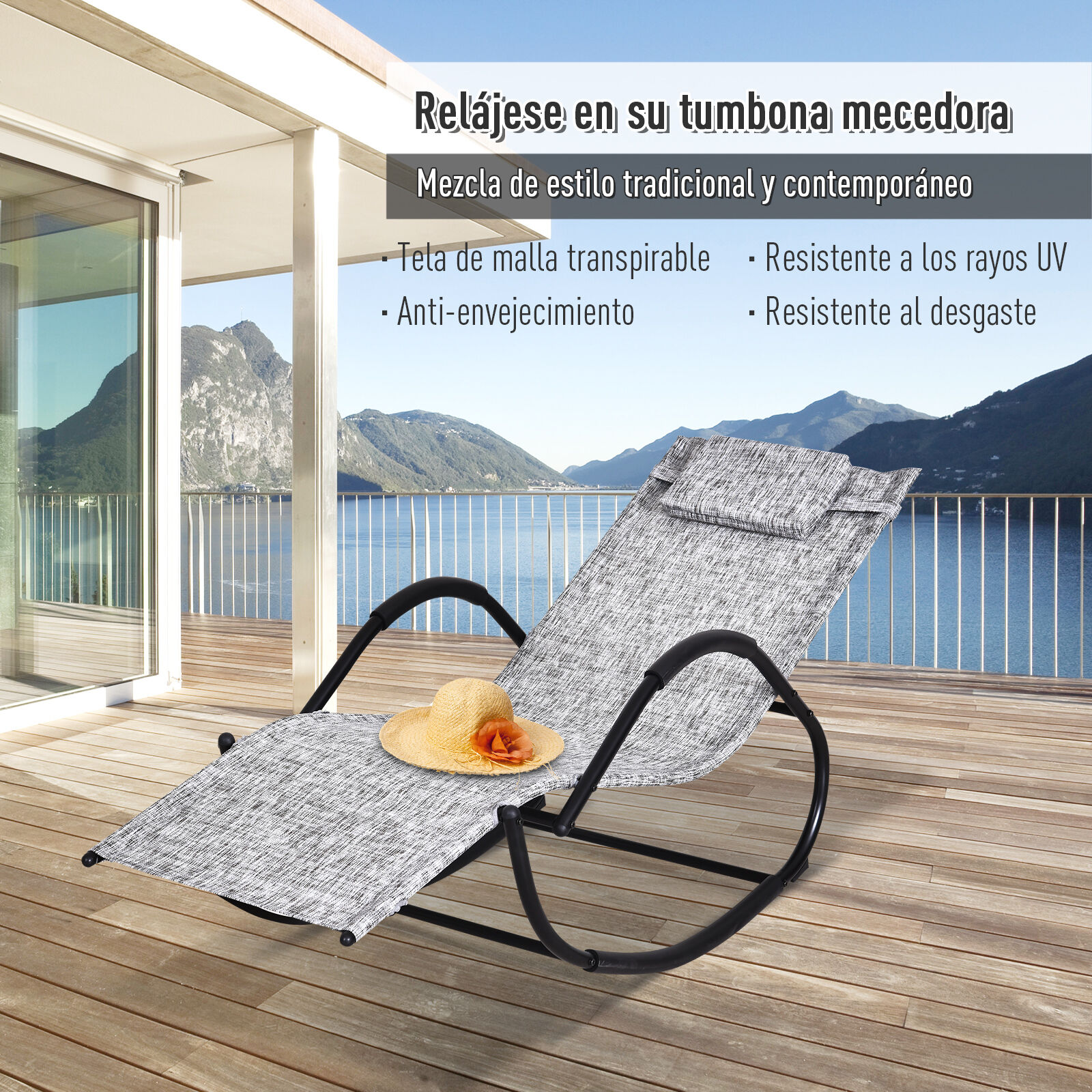 Outsunny Conjunto de 2 Mecedoras de Exterior Tumbonas Mecedoras con Reposacabezas Reposabrazos y Marco Met&aacute;lico Carga 160 kg para Jard&iacute;n Terraza 160x61x79 cm Gris, , large Imagen numero 4