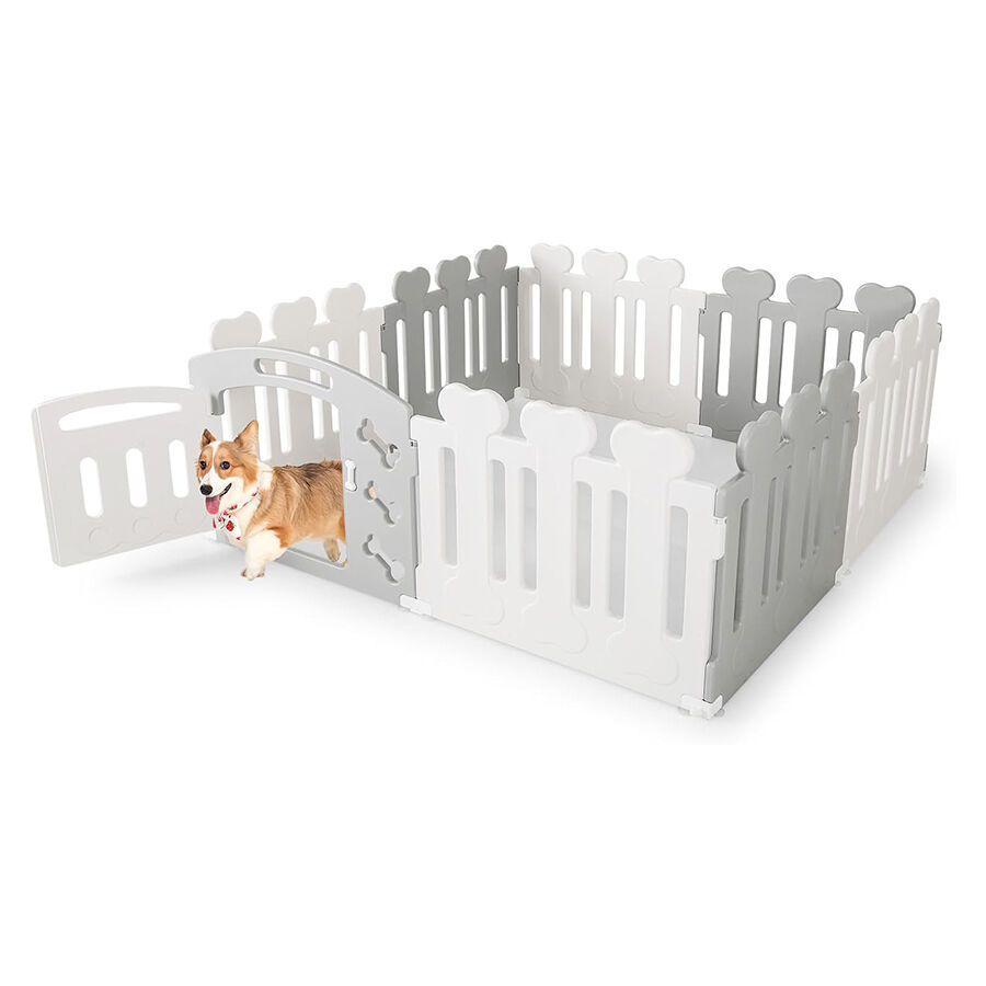 COSTWAY Parque de Juegos para Mascotas de 8 Paneles, Pluma de Ejercicios para Mascotas HDPE Resistente a la Intemperie con Puerta, Patrones Lindos y Esquinas Redondas Seguras (Beige)