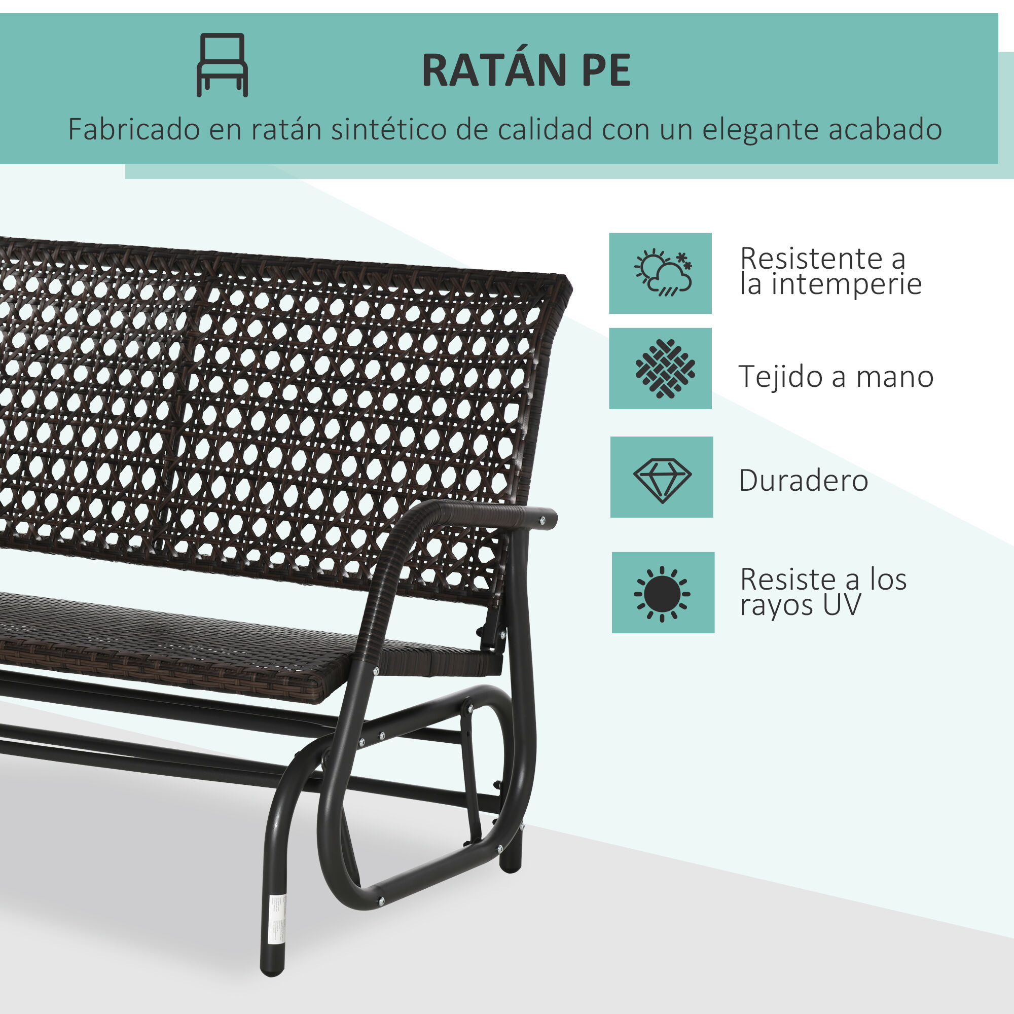 Outsunny Mecedora de Rat&aacute;n de 2 Plazas Banco Balanc&iacute;n de Jard&iacute;n con Balanceo Ergon&oacute;mico y Marco de Metal para Terraza Balc&oacute;n Exterior Patio Hotel Carga 220 kg 120x70x84 cm Marr&oacute;n, , large Imagen numero 5