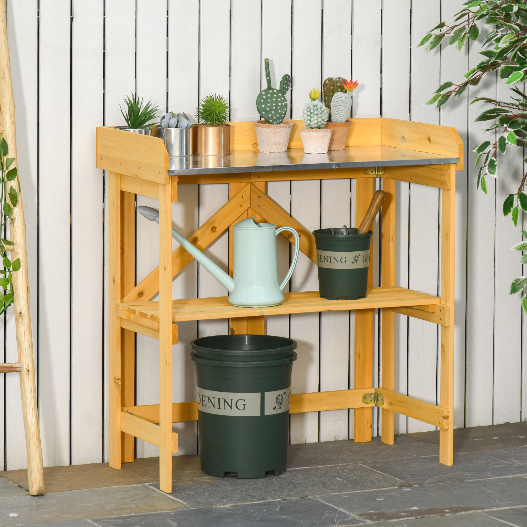 Outsunny Mesa de Plantaci&oacute;n Plegable Mesa de Jardiner&iacute;a de Madera con Placa de Zinc y Estante para Jard&iacute;n Terraza Balc&oacute;n 85x44x89 cm Amarillo, , large Imagen numero 2