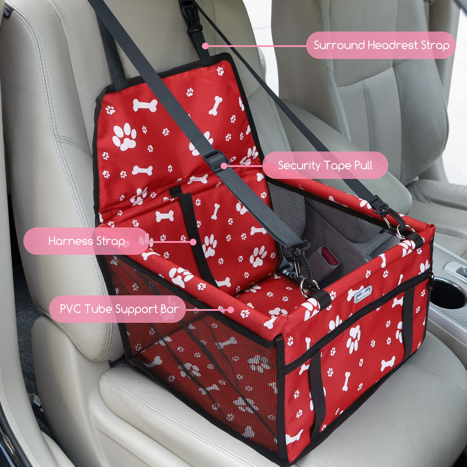 Nobleza - Refuerzo de Coche para Perros, Asiento del Coche de Seguridad para Mascotas Perro Gato Plegable Lavable Viaje Bolsas y Otra Mascota Peque&ntilde;a con Cremallera Bolsillo, 40 * 34 * 25 cm, Rojo, , large Imagen numero 2