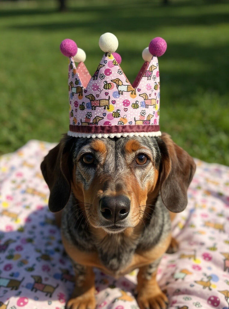 Gorro de cumplea&ntilde;os forma de corona - - Hecha a mano - Estampado de Perro Salchicha Feliz - Rosa, , large Imagen numero 3