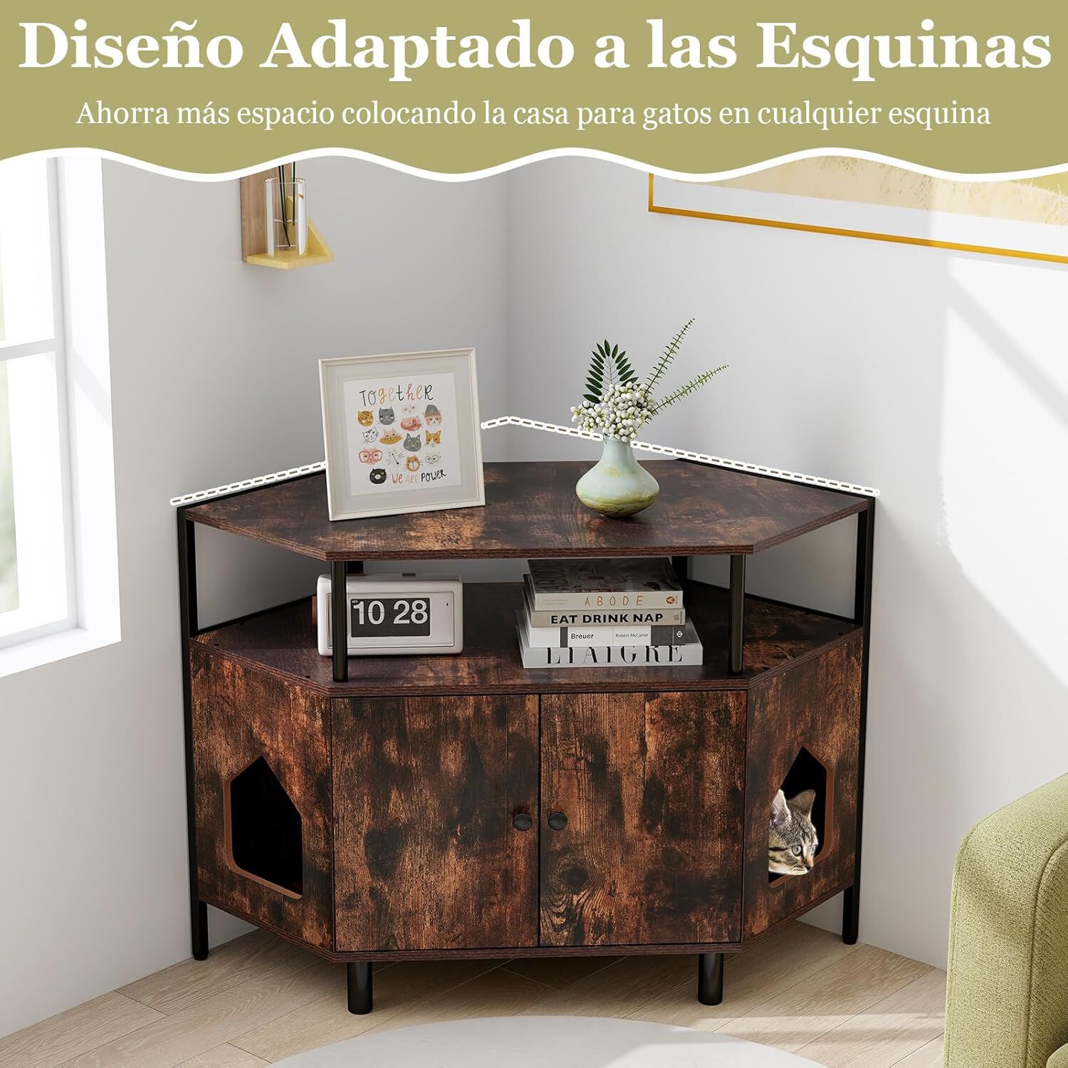 COSTWAY Mueble Arenero para Gatos, Casa Esquinera para Gatos de Madera con Estante Abierto, 2 Puertas, 2 Entradas y Patas de Metal, Casa de Ba&ntilde;o para Mascota, 105 x 50 x 73 cm (Marr&oacute;n), , large Imagen numero 3