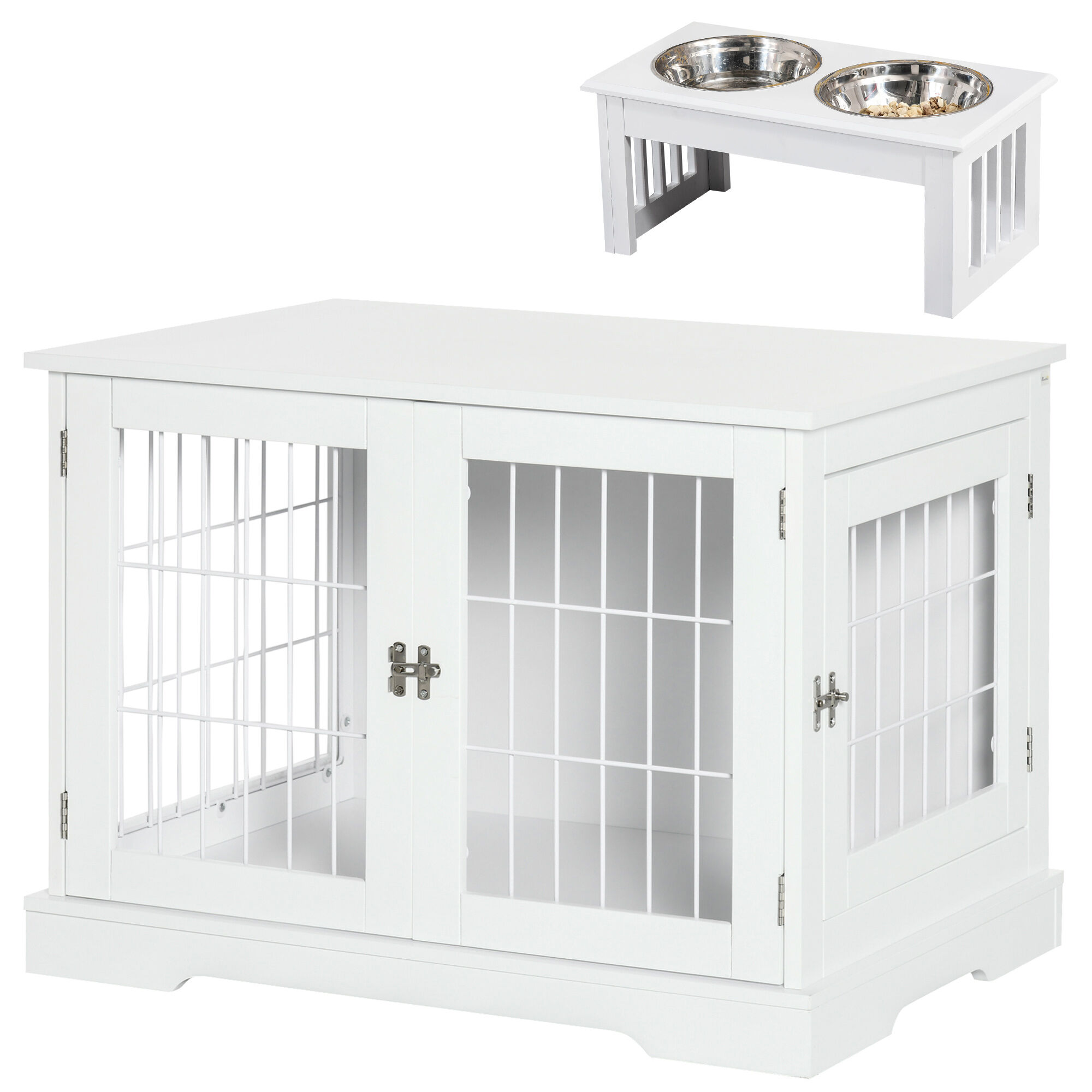 PawHut Conjunto para Mascotas Juego de Jaula para Perros de Madera con 2 Puertas y Comedero Elevado para Perros con 2 Cuencos Extra&iacute;bles de Acero 76x54,5x56 cm 44x24x15 cm Blanco, , large Imagen numero 1