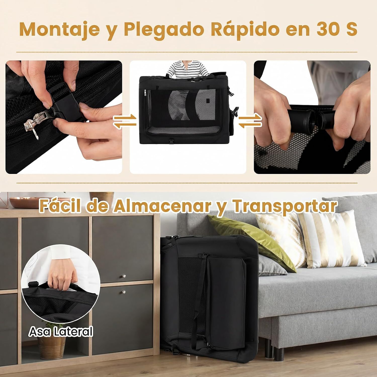 COSTWAY Transport&iacute;n para Perros Plegable, Bolsa Transporte para Gatos con Ventanas de Malla, 3 Puertas y Bolsillos Extra&iacute;bles, Portador de Viaje para Mascotas Interior y Exterior (Negro, M), , large Imagen numero 9