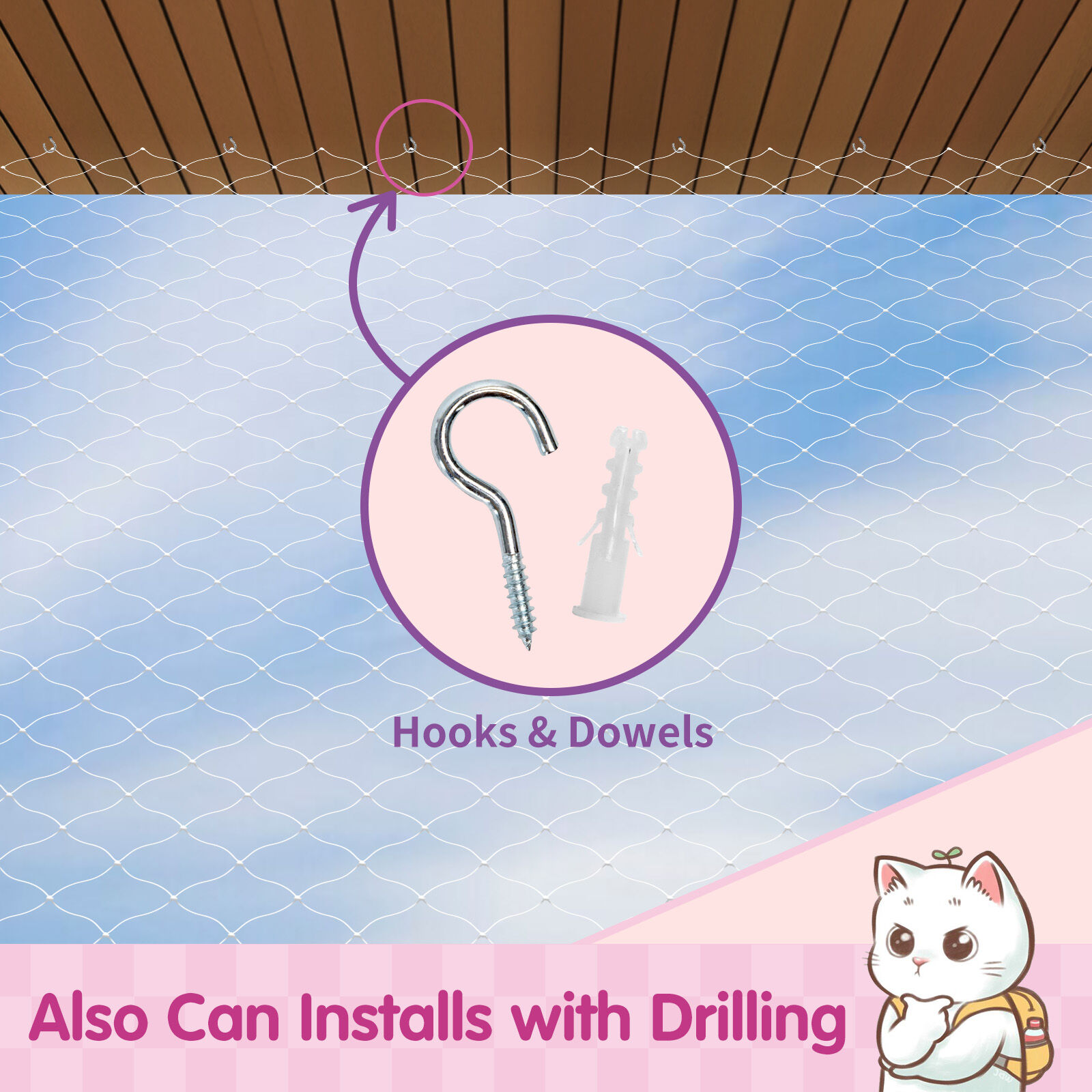 Nobleza Red Gatos Terraza 8x3m, Transparente Red para Gatos, Red Protecci&oacute;n para Gatos Apto para Interior o Exterior Balc&oacute;n Ventana Patio Escaleras, Incluye Set de Fijaci&oacute;n, , large Imagen numero 4