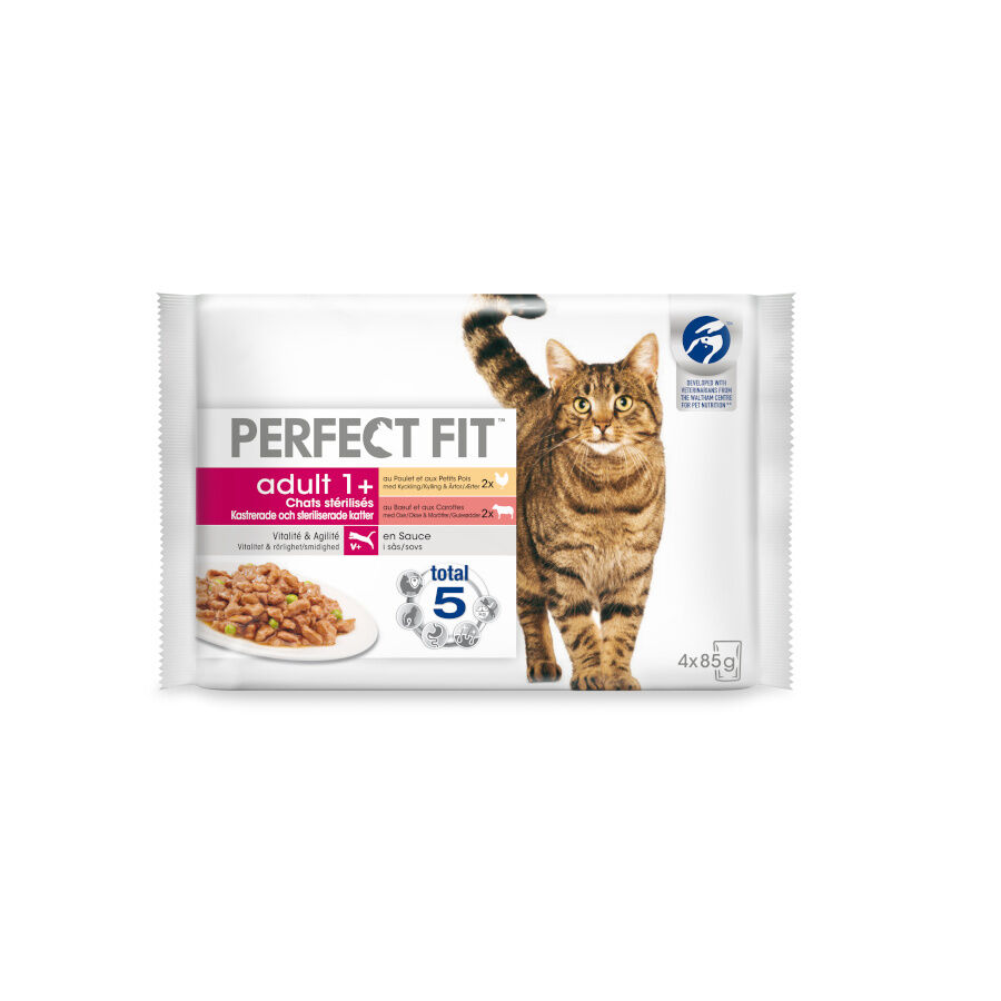 4 sobres x 85 g Perfect Fit Adult Sterelized Pollo y Ternera sobre en salsa para gatos, , large Imagen numero 1