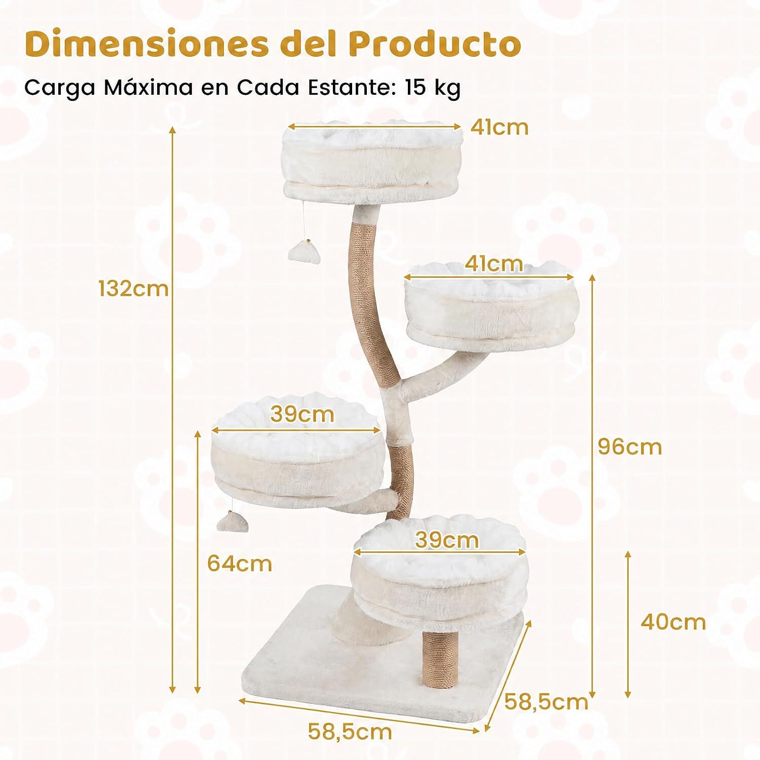 COSTWAY 132 cm &Aacute;rbol Rascador para Gatos,Centro de Actividades para Gatitos | Torre para Gatos con 4 Plataformas Extra&iacute;bles, 2 Juguetes Colgantes con Cascabel y Postes Rascadores de Yute, Blanco, , large Imagen numero 5