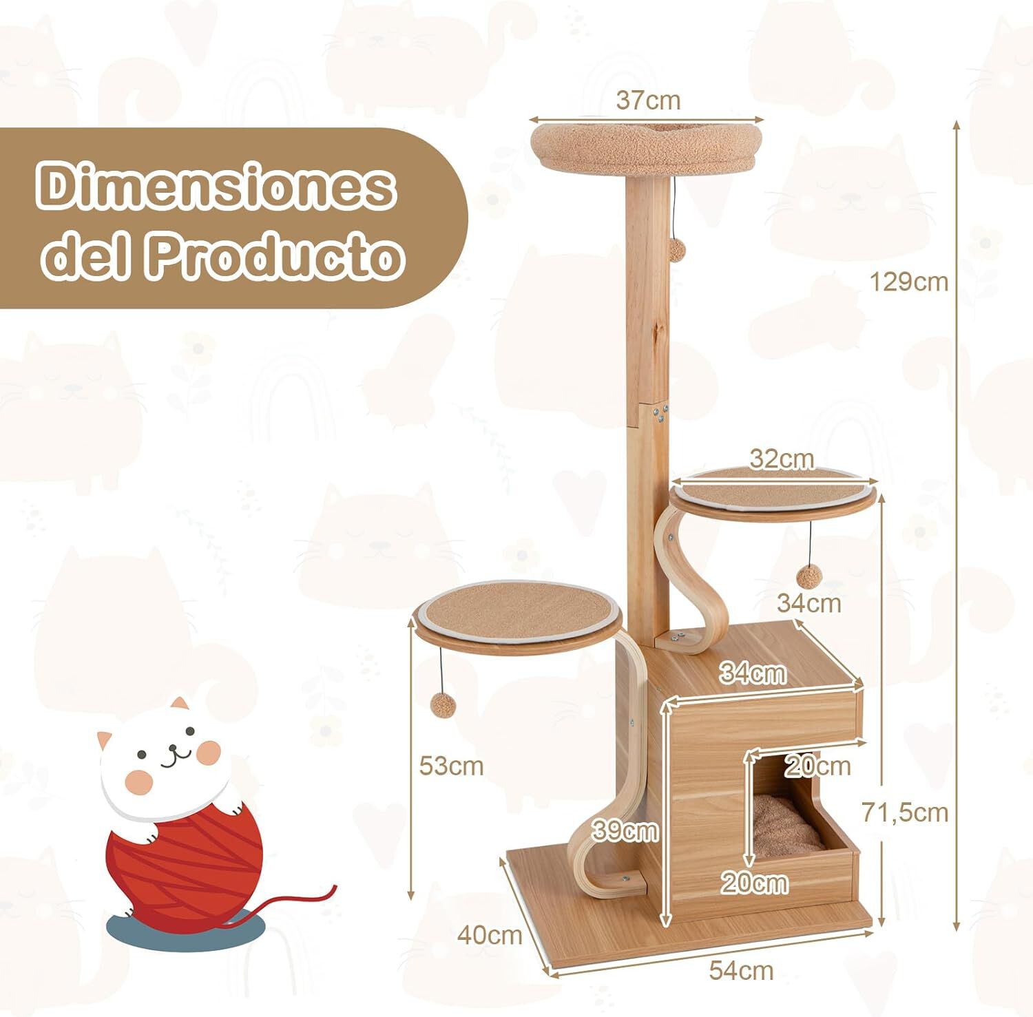 COSTWAY Rascador para Gatos de 129 cm, &Aacute;rbol para Gatos con Poste de Madera Maciza, Marco de Madera Contrachapada Curvada, Condominio, Percha, Cojines Lavables, Centro de Actividades de 4 Capas, , large Imagen numero 3
