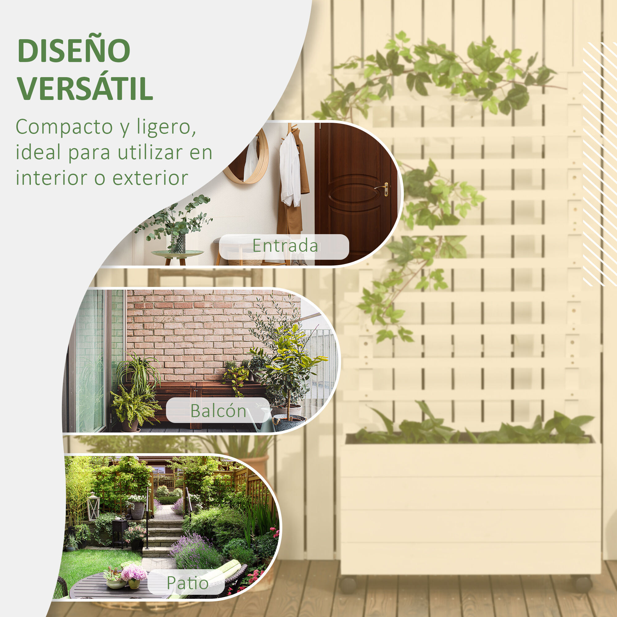Outsunny Jardinera con Enrejado de Madera Maciza con 4 Ruedas Macetero de Jard&iacute;n con Soporte para Trepadora y Tela Geotextil para Cultivos Plantas Flores 76x30x155 cm Blanco, , large Imagen numero 4