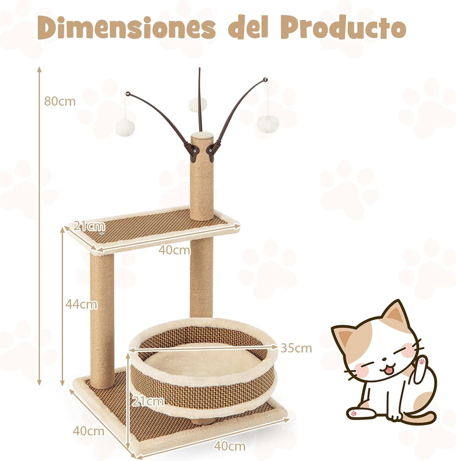 COSTWAY Torre para Gatos de Rat&aacute;n, &Aacute;rbol para Gatos de Interior con 3 Juguetes Colgantes, &Aacute;rbol Rascador, Plataforma, Cama Espaciosa, Centro de Actividades con Tapete de Felpa (40 x 40 x 80 cm), , large Imagen numero 5