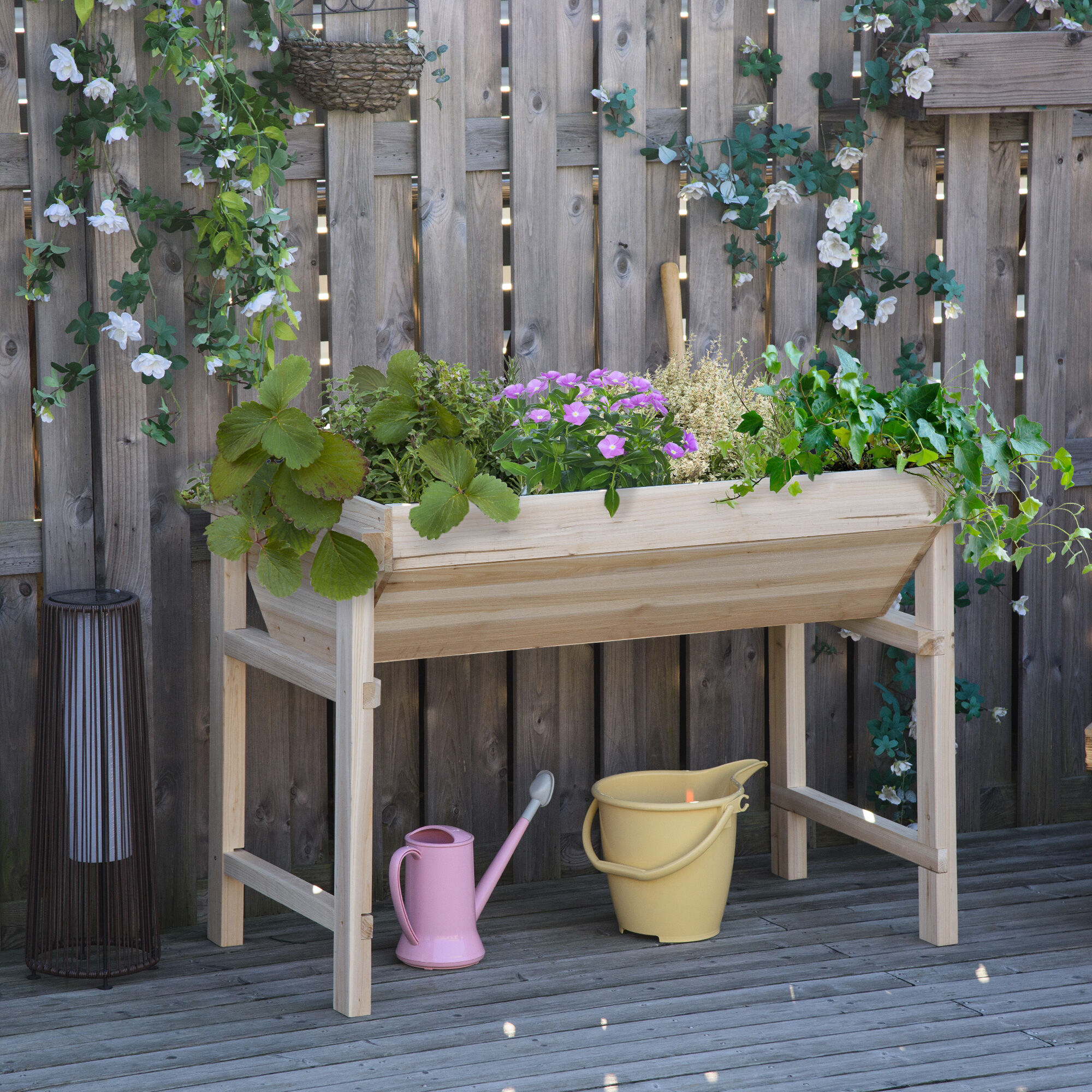 Outsunny Huerto Urbano Elevado de Madera 108,5x60x80 cm Mesa de Cultivo con Tela no Tejida y 3 Orificios de Drenaje para Jard&iacute;n Terraza Exterior Carga 50 kg Natural, , large Imagen numero 2