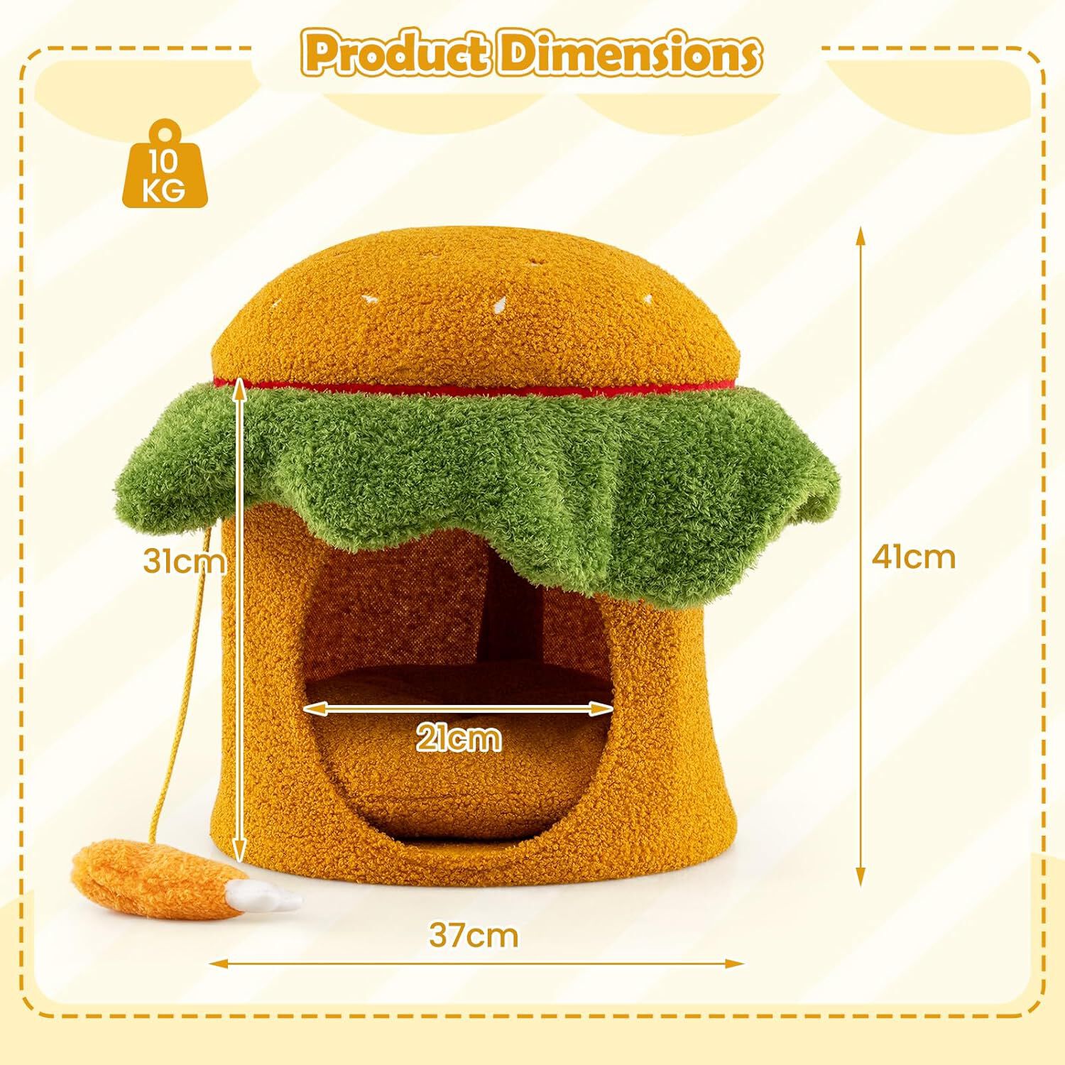 COSTWAY Cama para Gatos para Interior, Casa para Gatos en Forma de Hamburguesa con Percha Acolchada, Juguete Colgante de Peluche, Coj&iacute;n Desmontable y Lavable, 37x37x41 cm, Cueva para Gato, , large Imagen numero 5
