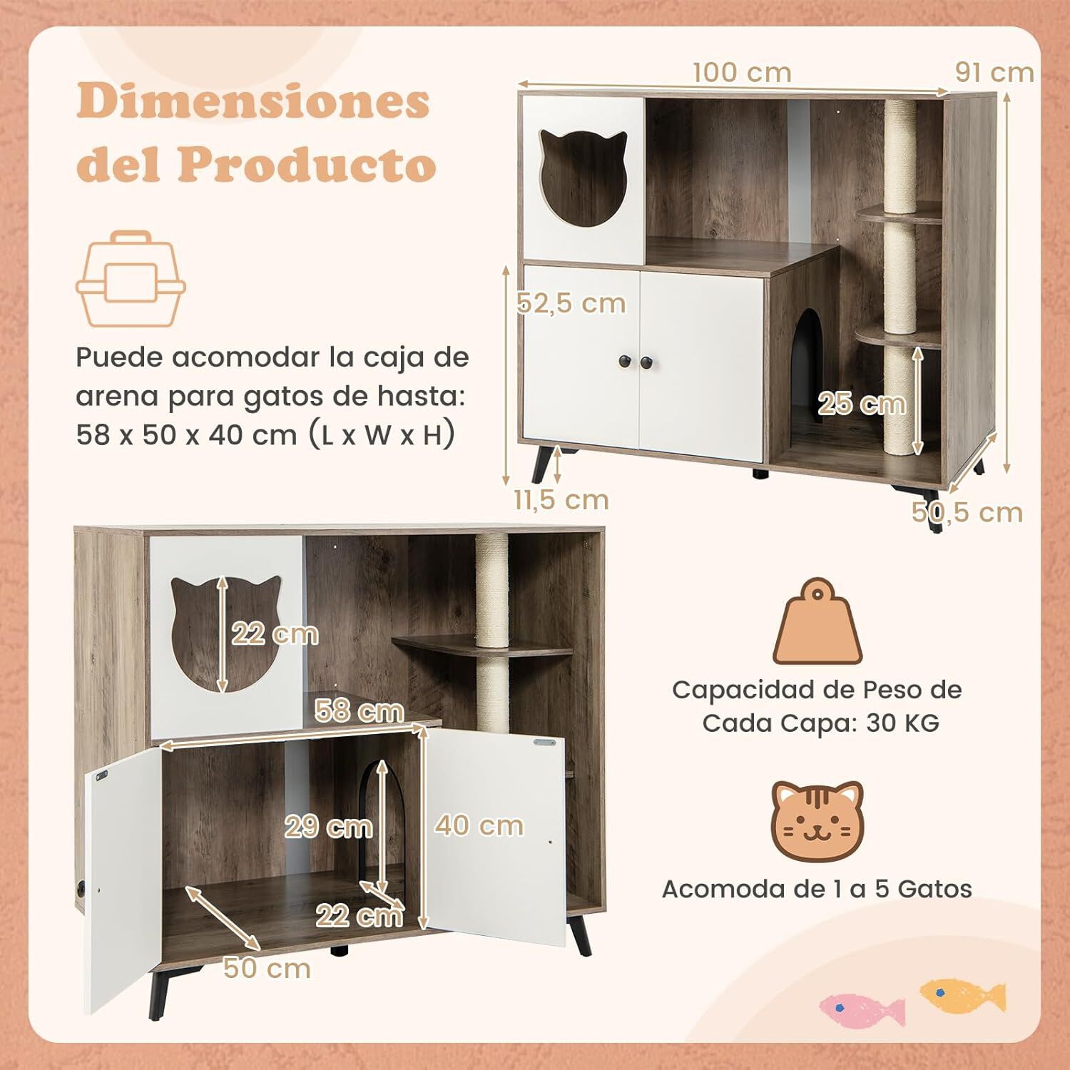 COSTWAY Mueble Arenero para Gatos con 3 Postes Rascadores de Sisal, Condominio para Gatos, Mueble para Caja de Arena 5 en 1 con Ba&ntilde;o Oculto para Gato, Carga 30 kg, Gris y Blanco, , large Imagen numero 5