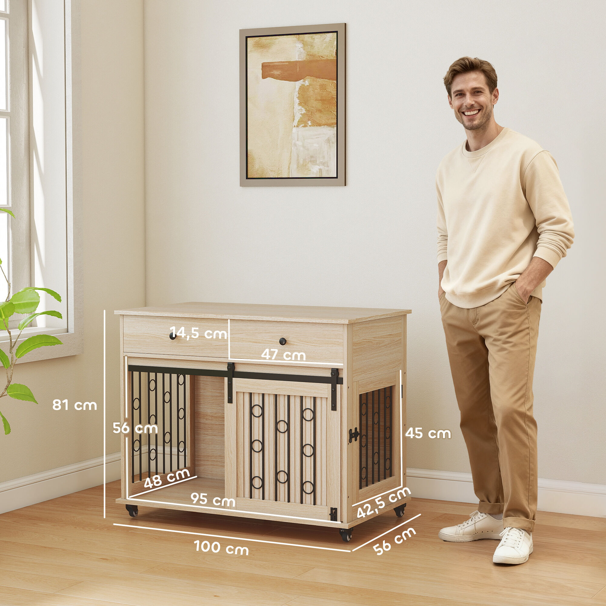 PawHut Jaula para Perros con Ruedas, Mesa Auxiliar, Casa para Mascotas Moderna con 2 Cajones, 2 Puertas y Cierre, para Perros Medianos y Grandes, 100x56x81 cm, Roble, , large Imagen numero 3