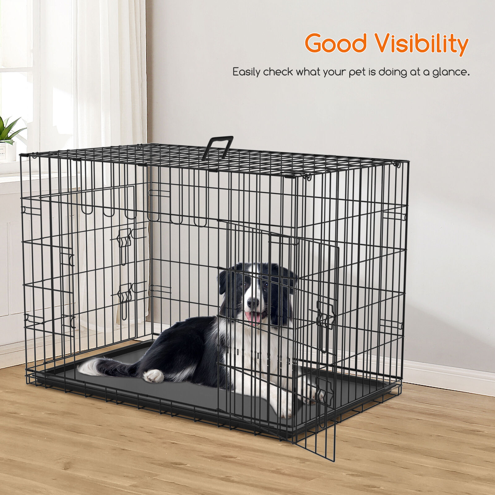 Nobleza - Jaula Met&aacute;lica para Perros, 121x74x80.5cm,Jaula para Mascotas con 2 Puertas, Bandeja Base de Pl&aacute;stico Resistente a la Masticaci&oacute;n y Asa de Transport - Negro, , large Imagen numero 3
