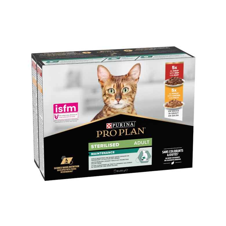 10 sobres x 85 g Pro Plan Adult Sterilised Maintenance Pollo y Buey en Salsa sobre para gatos