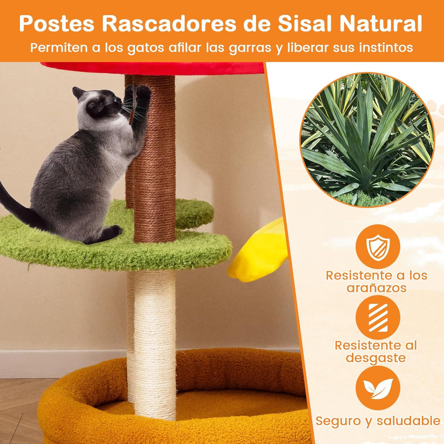 COSTWAY &Aacute;rbol Rascador para Gatos Moderno, 106 cm &Aacute;rbol para Gatos en Forma de Hamburguesa con Percha Acolchada, Cama Amplia, Postes Rascadores de Sisal, Cojines de Felpa, Torre para Gato Decorativo, , large Imagen numero 4