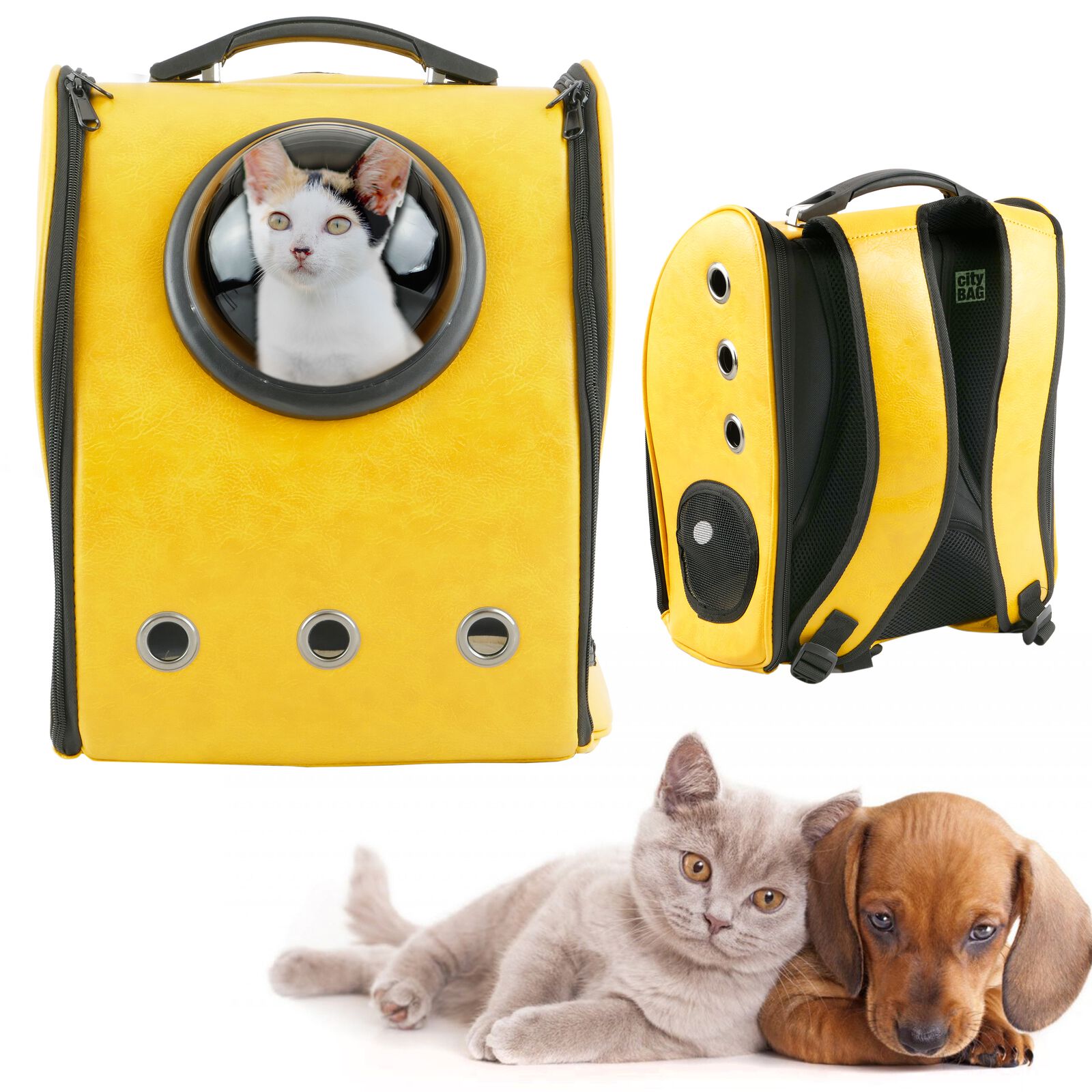 Mochila para transporte de mascotas gato y perro Transportin de imitaci&oacute;n piel amarillo, , large Imagen numero 3