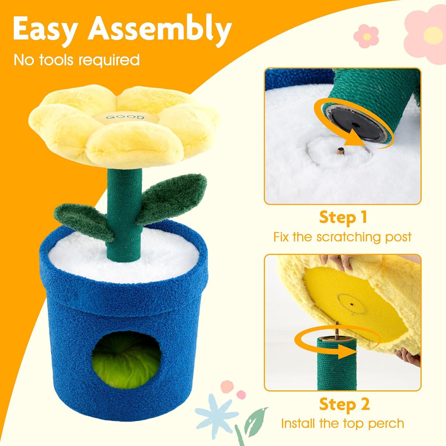 COSTWAY Cama para Gatos con Forma de Flor, Condominio de Mascotas de Interior con Rascador de Sisal, Posadero Acolchado Lavable, Dise&ntilde;o de Maceta, Ideal para Gatitos (Amarillo), , large Imagen numero 4