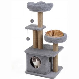 COSTWAY &Aacute;rbol Rascador para Gatos, Torre para Gatos con Percha Superior Acolchonada en Forma de Flor, Condominio y Cama, 2 Bolas Colgantes con Cascabel y Postes, Mueble Multinivel para Escalar (Gris)