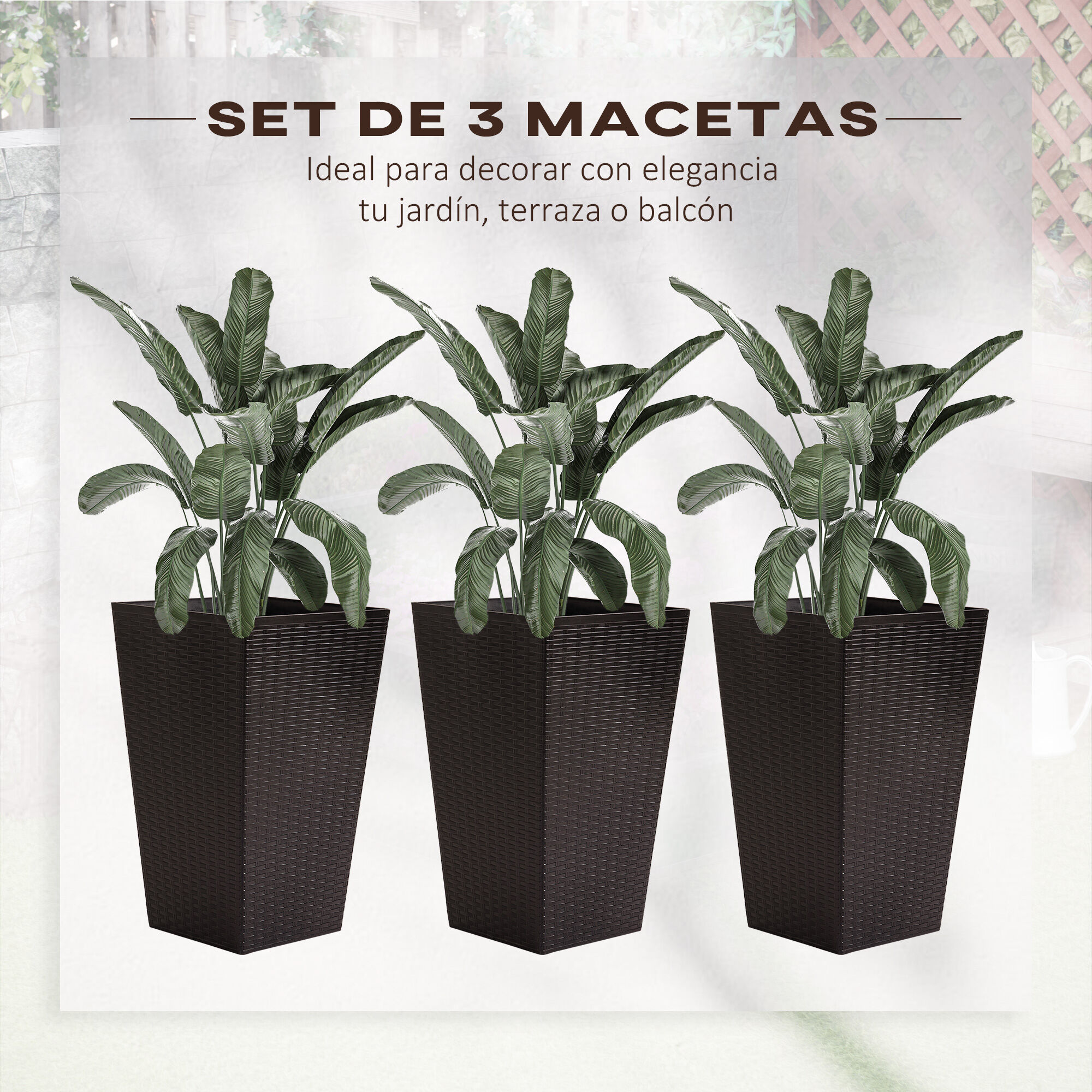 Outsunny Conjunto de 3 Macetas Cuadradas para Plantas Flores 3 Maceteros con Efecto de S&iacute;mil Rat&aacute;n para Jard&iacute;n Terraza Interior y Exterior 36,5x36,5x61 cm Marr&oacute;n, , large Imagen numero 5
