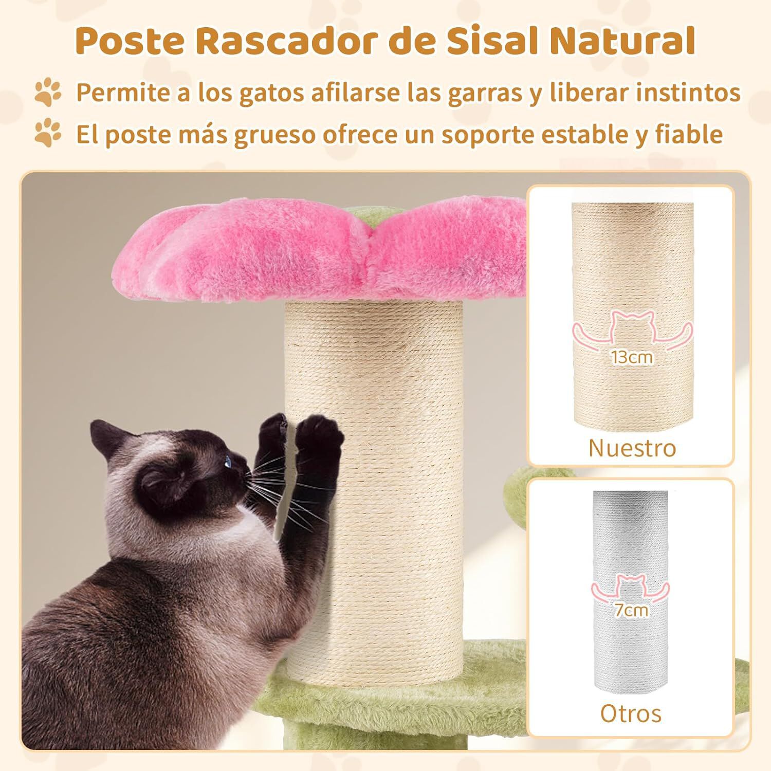 COSTWAY &Aacute;rbol Rascador para Gatos 60cm, Dise&ntilde;o Flores, Torre Peque&ntilde;a para Gatitos con Cama Acolchada de Tela Plush, Poste Rascador de Sisal, Bola Colgante, &Aacute;rbol Pequ&ntilde;o para Gatos, Interior (Rosa), , large Imagen numero 4