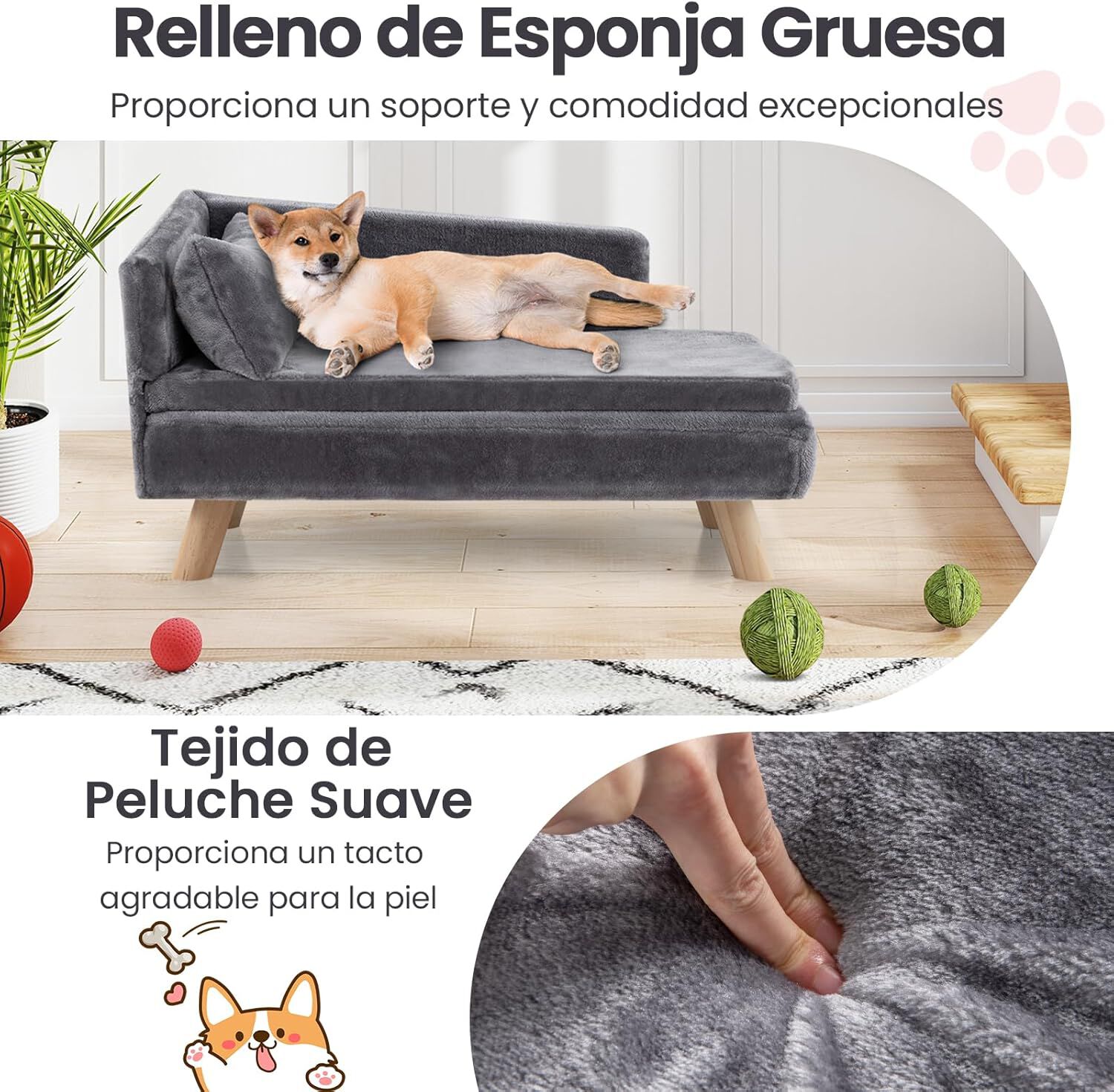 COSTWAY Cama para Gatos, mullida y Suave, sof&aacute; para Gatos medianos y peque&ntilde;os, Linda Cama para Gato con Base Antideslizante, Pies de Madera, Sof&aacute; Sill&oacute;n para Interior (Gris,81 x 51 x 47 cm), , large Imagen numero 2