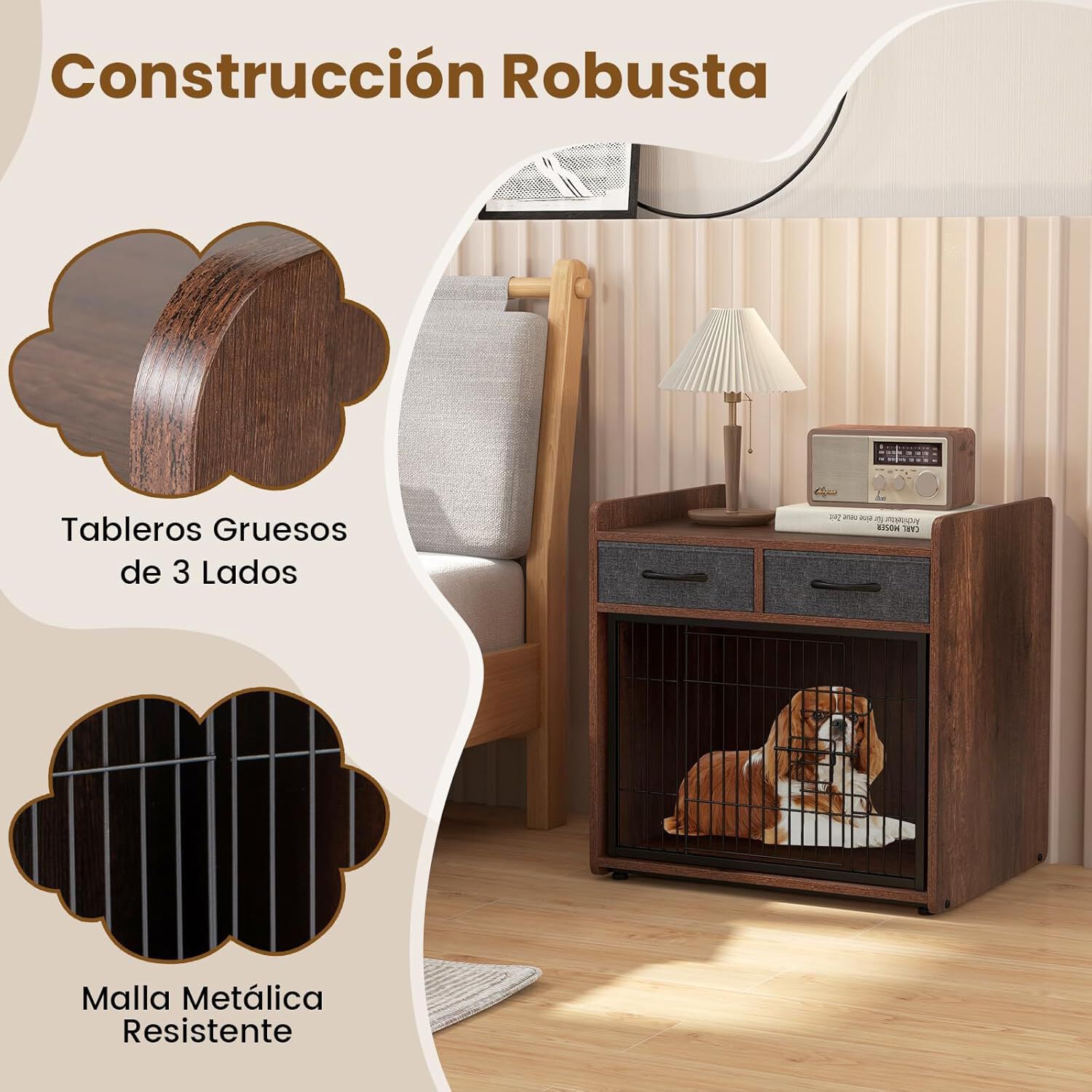 COSTWAY Jaula para Perros de Madera, Cajones Perro Estilo Mueble con 2 Cajones de Tela, Puerta con Cerradura, Casa para Mascotas para Perros Peque&ntilde;os y Medianos, Mesa Auxiliar, 62X49,5X63 cm, , large Imagen numero 5