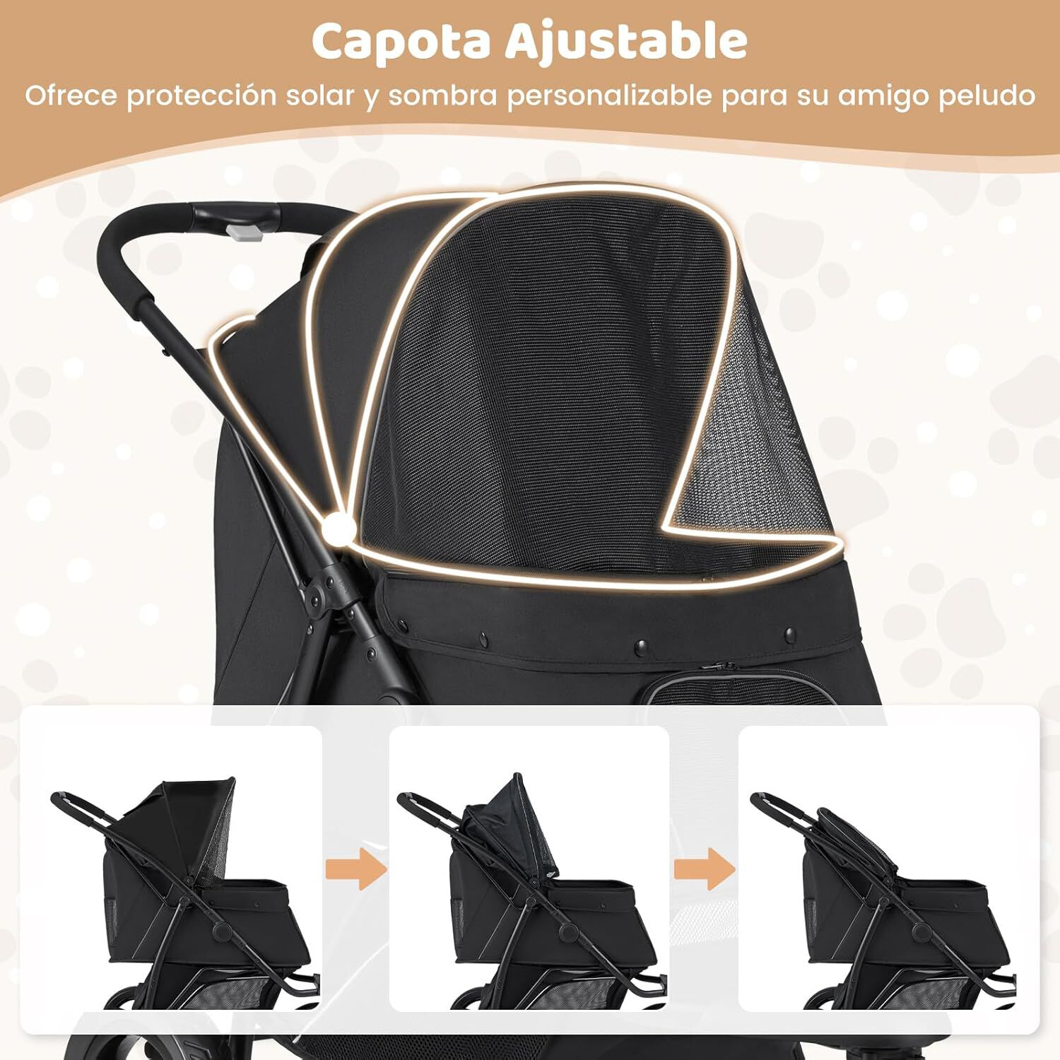 COSTWAY Cochecito Plegable para Perros, Carrito para Perros Peque&ntilde;os con Ruedas Todoterreno, Freno, Capota Ajustable, Cesta, Coj&iacute;n, Correa de Seguridad, Bolsa de Transporte Mascota, Hasta 25kg (Negro), , large Imagen numero 3