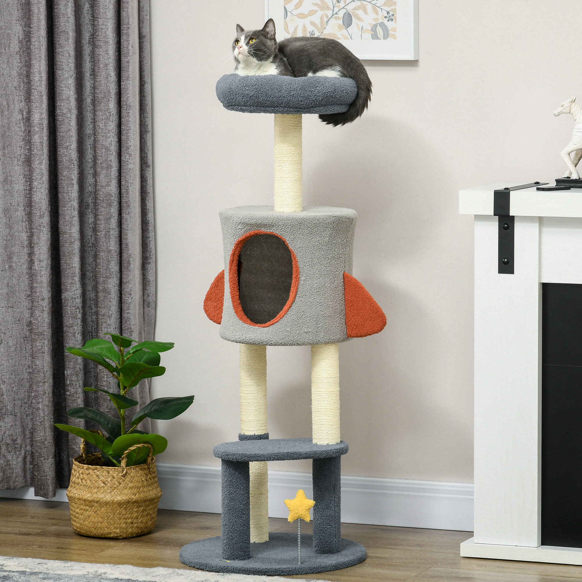 PawHut &Aacute;rbol Rascador para Gatos de 116 cm Tipo de Cohete Torre para Gatos Interior con Postes para Rascar Cama Cueva y Juguete Estrella &Oslash;44x116 cm Azul, , large Imagen numero 2