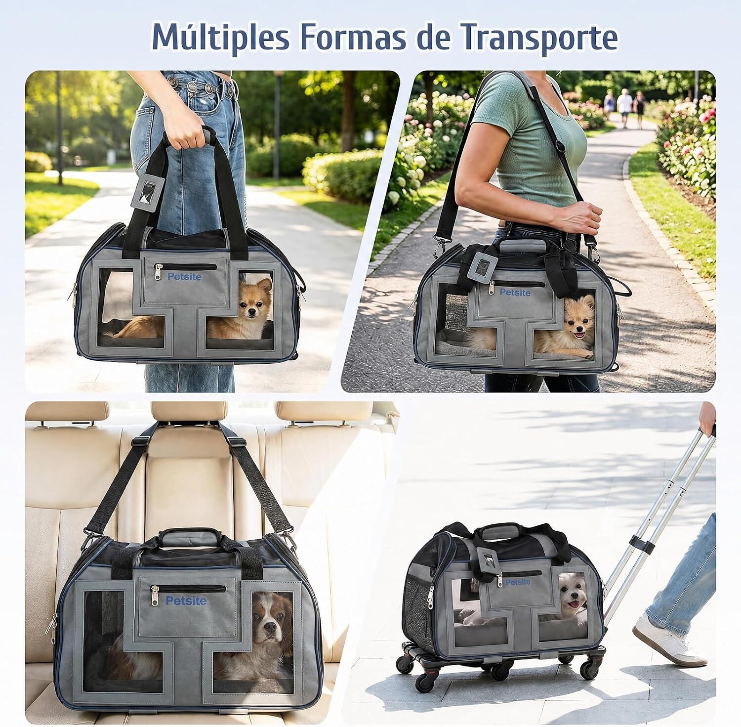 COSTWAY Transport&iacute;n con Ruedas para Gatos con Mango Telesc&oacute;pico, Bolsa Transporte Plegable con Asa Acolchada, Entradas con Cremallera y Coj&iacute;n Extra&iacute;ble, Portador de Viaje para Mascotas, Gris Azul, , large Imagen numero 4