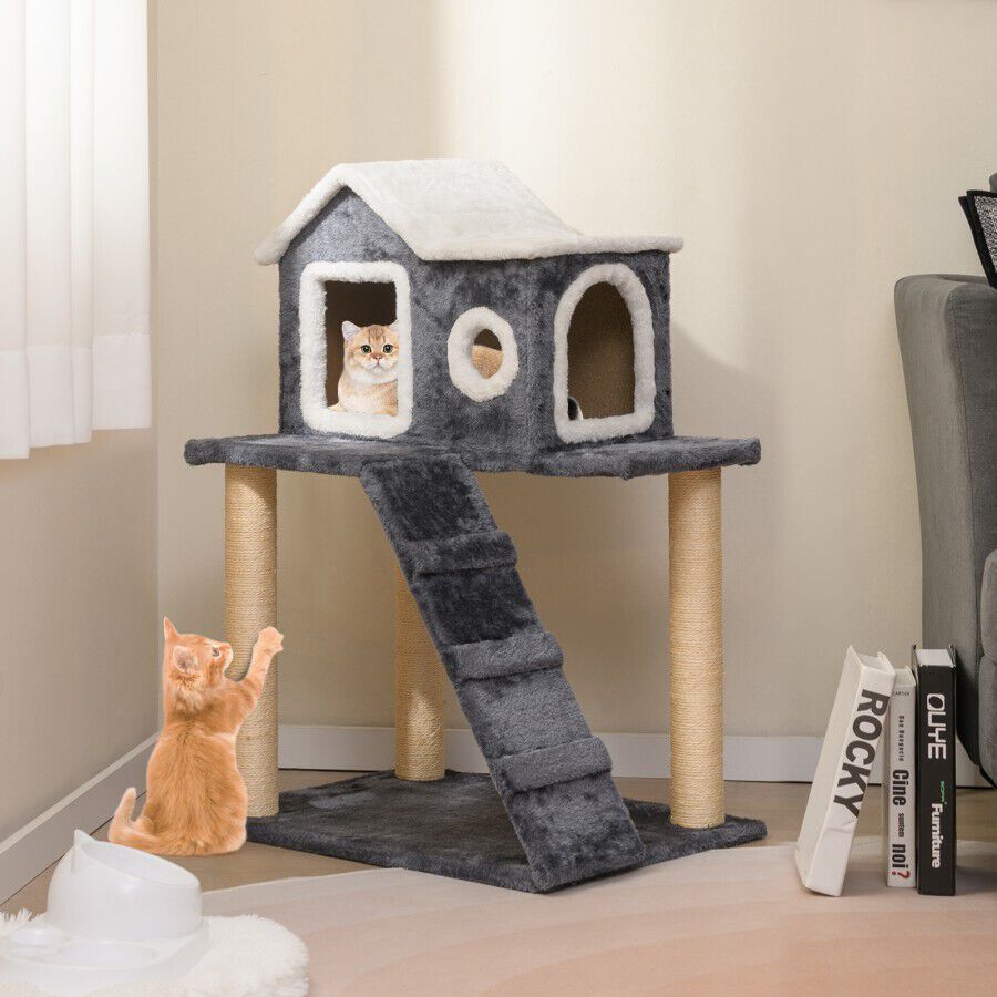 COSTWAY &Aacute;rbol para Gatos Moderno de 90 cm, Muebles para Gatos de 3 Niveles con Techo Abrible, Postes de Rascado de Sisal, Escalera, Dispositivo Antivuelco, Torre para Gatos&nbsp;en Interiores, Gris, , large Imagen numero 3