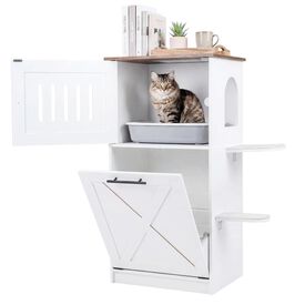 COSTWAY Armario para Caja de Arena para Gatos, Mueble Arenero Gato con Armario Abatible, 2 Plataformas, 2 Almohadillas Rascadoras de Sisal, Ba&ntilde;o Oculto, Casa de Madera para Gatitos de Interior Sal&oacute;n