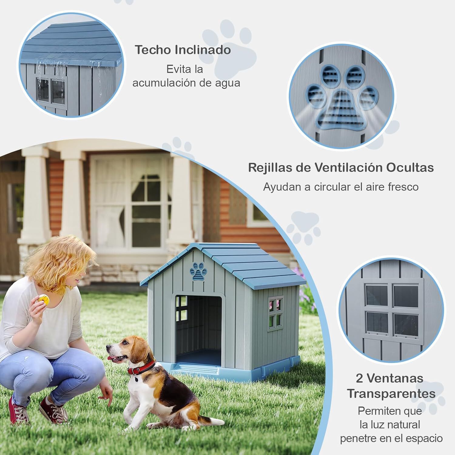 COSTWAY Caseta Perro Grande, 76x83x83 cm, Casa de Perro Exterior con Rejillas de Ventilaciones y Base Elevado, Refugio Impermeable Aislado para Mascotas Peque&ntilde;os y Medianos Interior y Exterior, Azul, , large Imagen numero 3