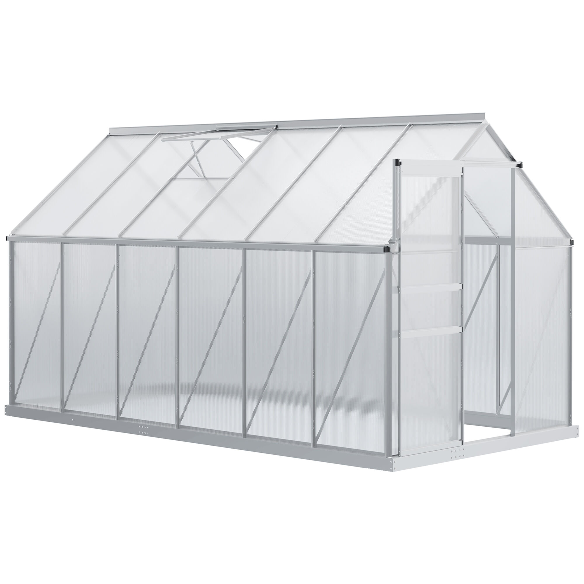 Outsunny Invernadero Policarbonato Aluminio de Jard&iacute;n 190x375x199 cm 7,1m&sup2; Caseta de Exterior con Base Puerta Corredera y 2 Tragaluces para Cultivo Plantas Semillas Transparente, , large Imagen numero 1