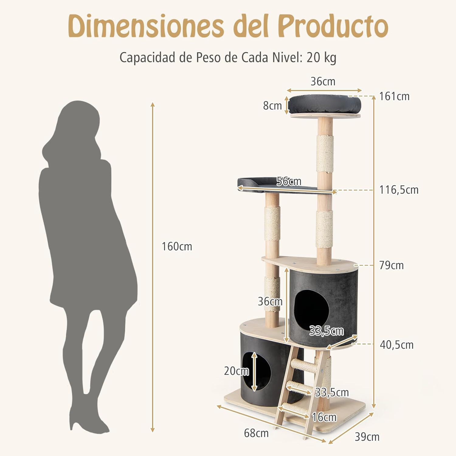 COSTWAY &Aacute;rbol Torre para Gatos, Mueble para Gatos de Varios Niveles con 2 Condominios, Percha, Postes Rascadores, Escalera Recubierta de Sisal, Centro de Actividades de Madera para Gatitos, , large Imagen numero 4