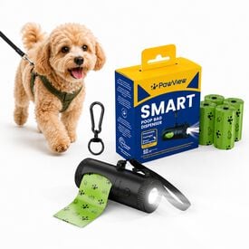 PawView Dispensador 2 en 1 de Bolsas para Perros con Linterna LED Recargable USB-C, Clip Manos Libres, Sistema Retr&aacute;ctil y 4 Rollos