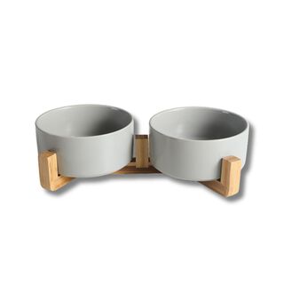 La Casa de Turrón Comedero Doble de Cerámica con Base de Madera color gris para Perros 