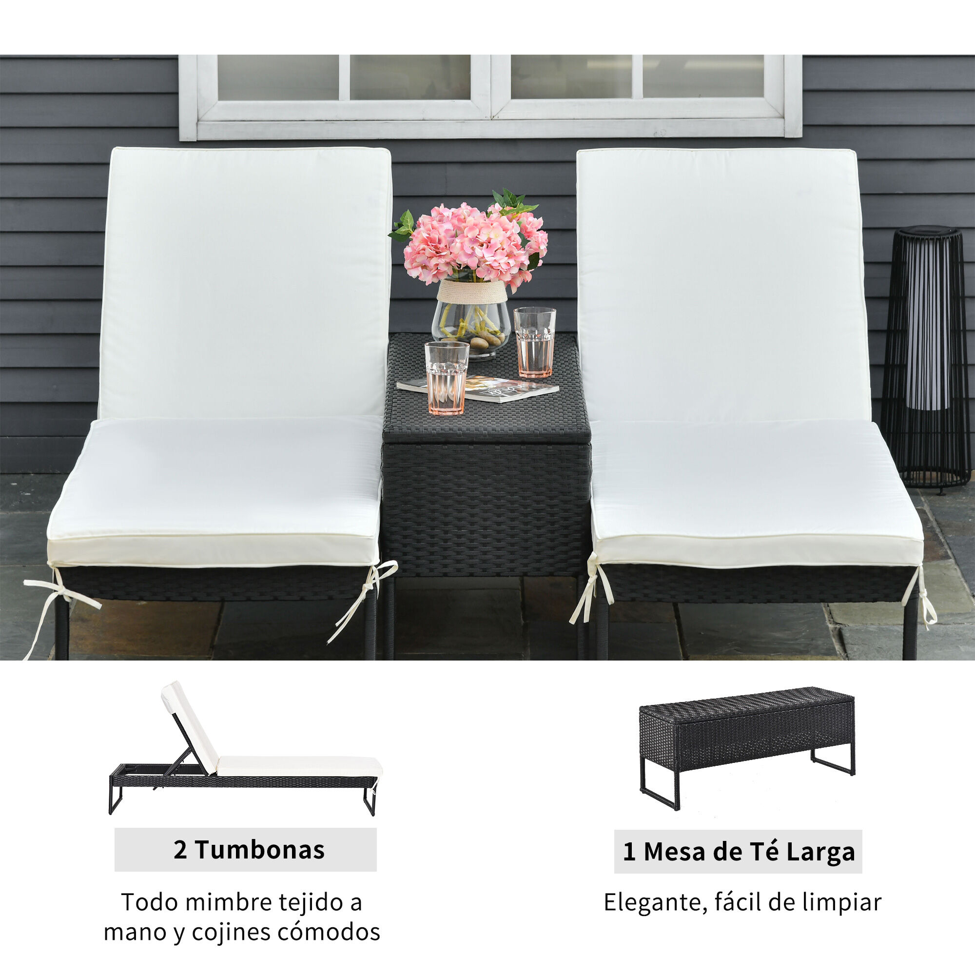Outsunny Conjunto de 2 Tumbonas de Jard&iacute;n con Cojines Acolchados Rat&aacute;n con Mesa Auxiliar para Piscina o Terraza Carga 160 kg 195x60x86 cm Acero Negro, , large Imagen numero 4