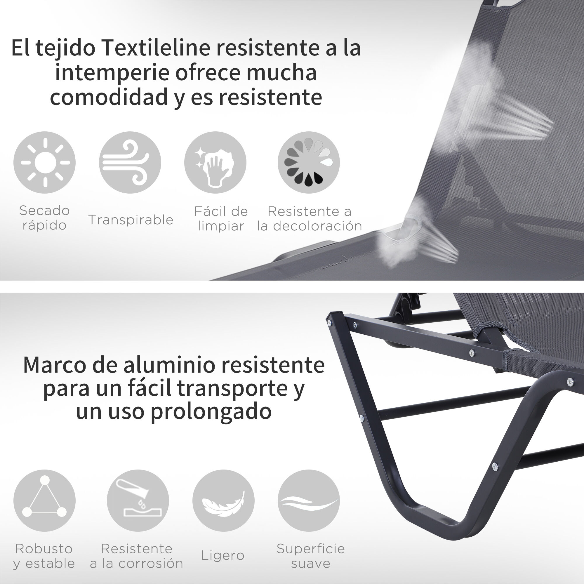 Outsunny Conjunto de 2 Tumbonas Reclinables de Aluminio Tumbonas de Jard&iacute;n con Respaldo Ajustable en 4 Posiciones Carga 120 kg para Terraza Piscina Playa 163x58,5x91 cm Gris, , large Imagen numero 5