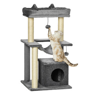 PawHut Árbol Rascador de 3 Niveles con Nido Hamaca gris para Gatos