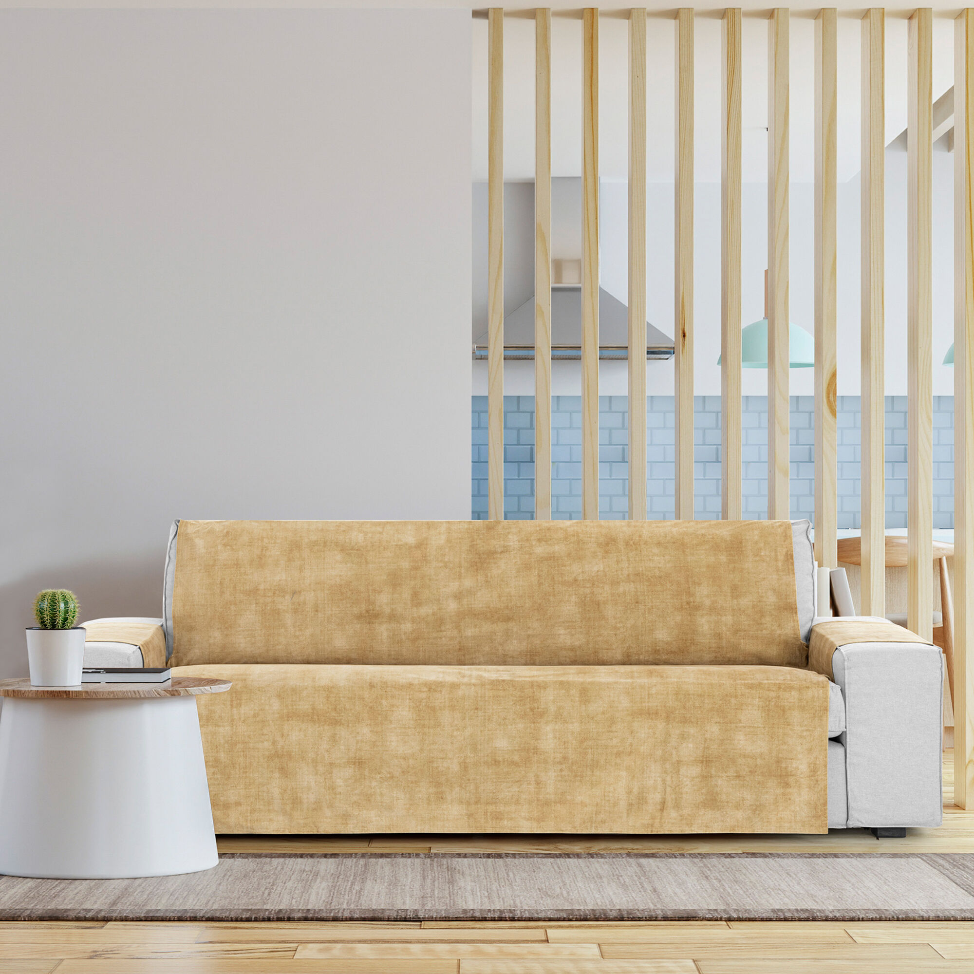 Cubre Sof&aacute; Protector Antimanchas acabado aterciopelado Ocre 4 Plazas 190 cm (210-250 cm), , large Imagen numero 3
