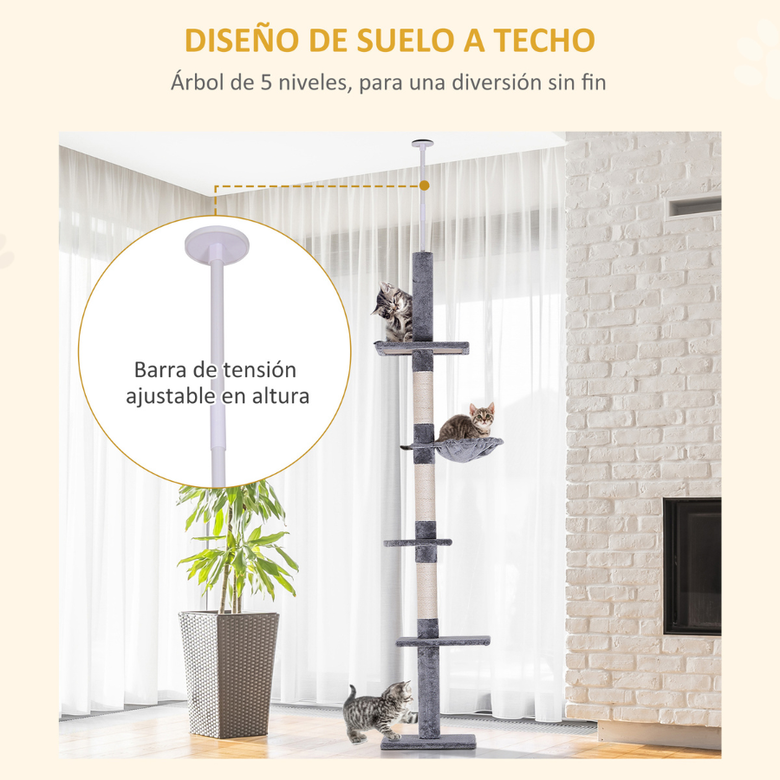 Pawhut &aacute;rbol rascador fijado al techo ajustable 5 niveles beige y gris para gatos, , large Imagen numero 5